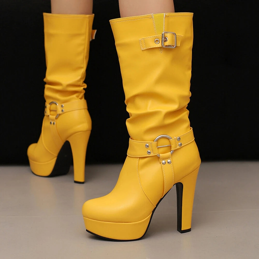 Botines Mujer mode bout rond à talons hauts mi-mollet bottes plissées imperméable plate-forme robe talon épais ensemble femmes bottes 338-45