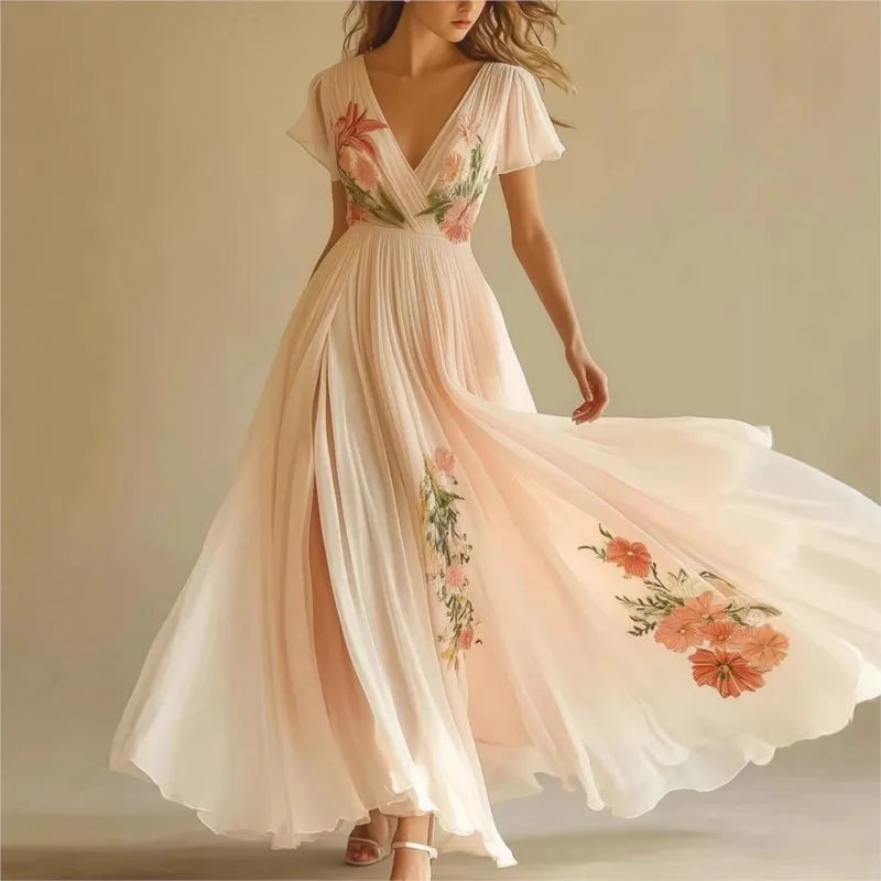 Robe Été Femme Floral Boho - Col V Taille Haute Manches Courtes Vacances