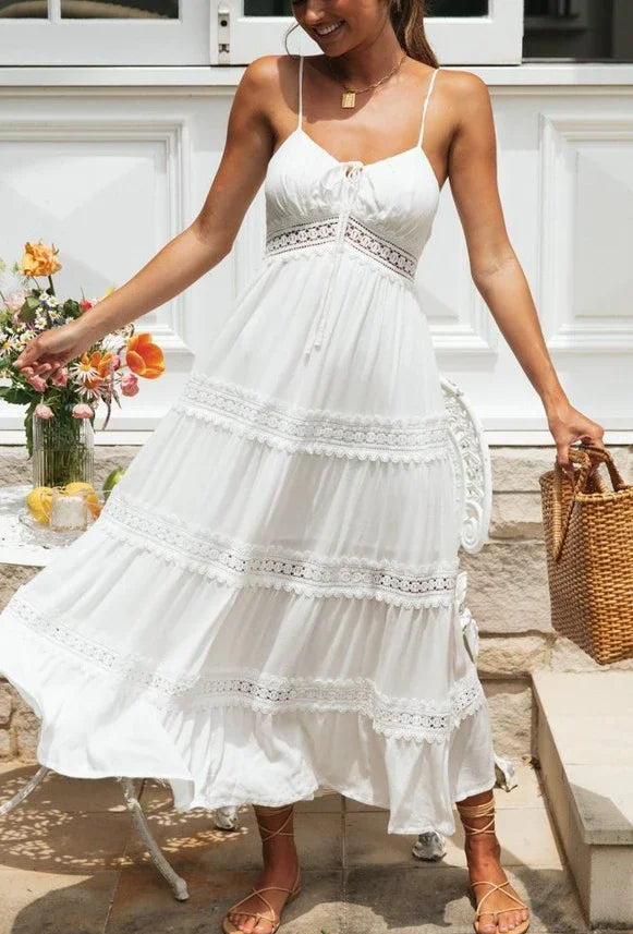 Robe Maxi Dentelle Blanche Boho - Col V Sans Bretelles Plage Soirée