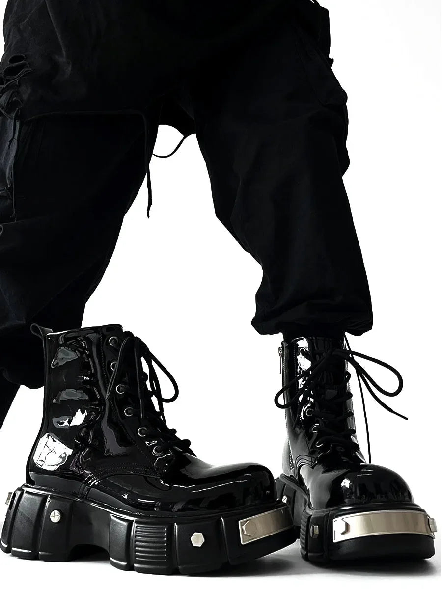 Bottes Moto Cuir Verni Noir Rivets Métal - Plateforme Punk Fermeture Éclair