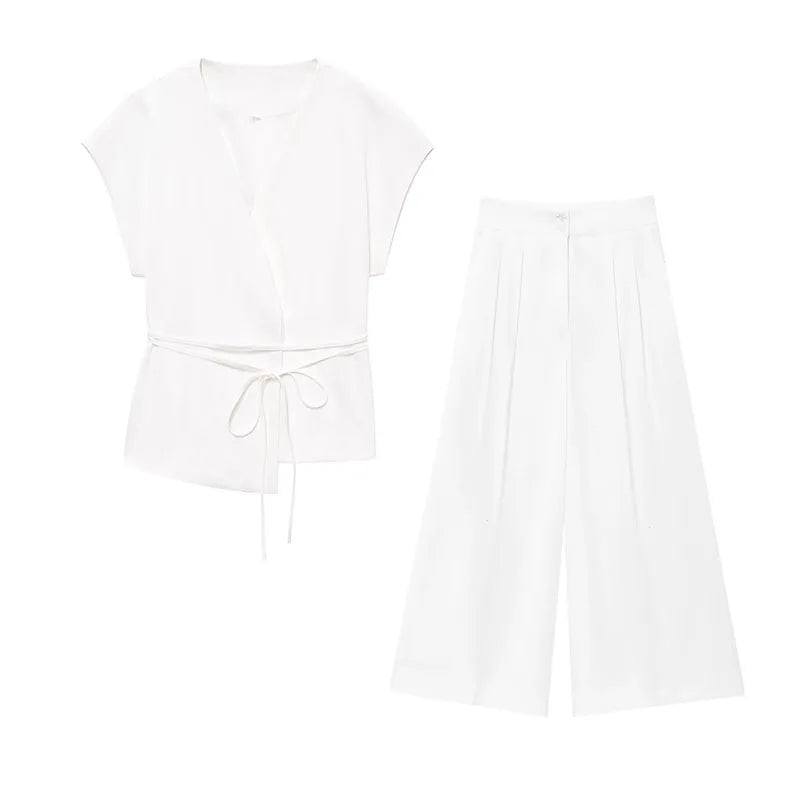 TFMLN mode femmes pantalons costumes sans manches col en v haut avec ceinture pantalons droits ensembles 2025 printemps été banlieue 2 pièces ensemble