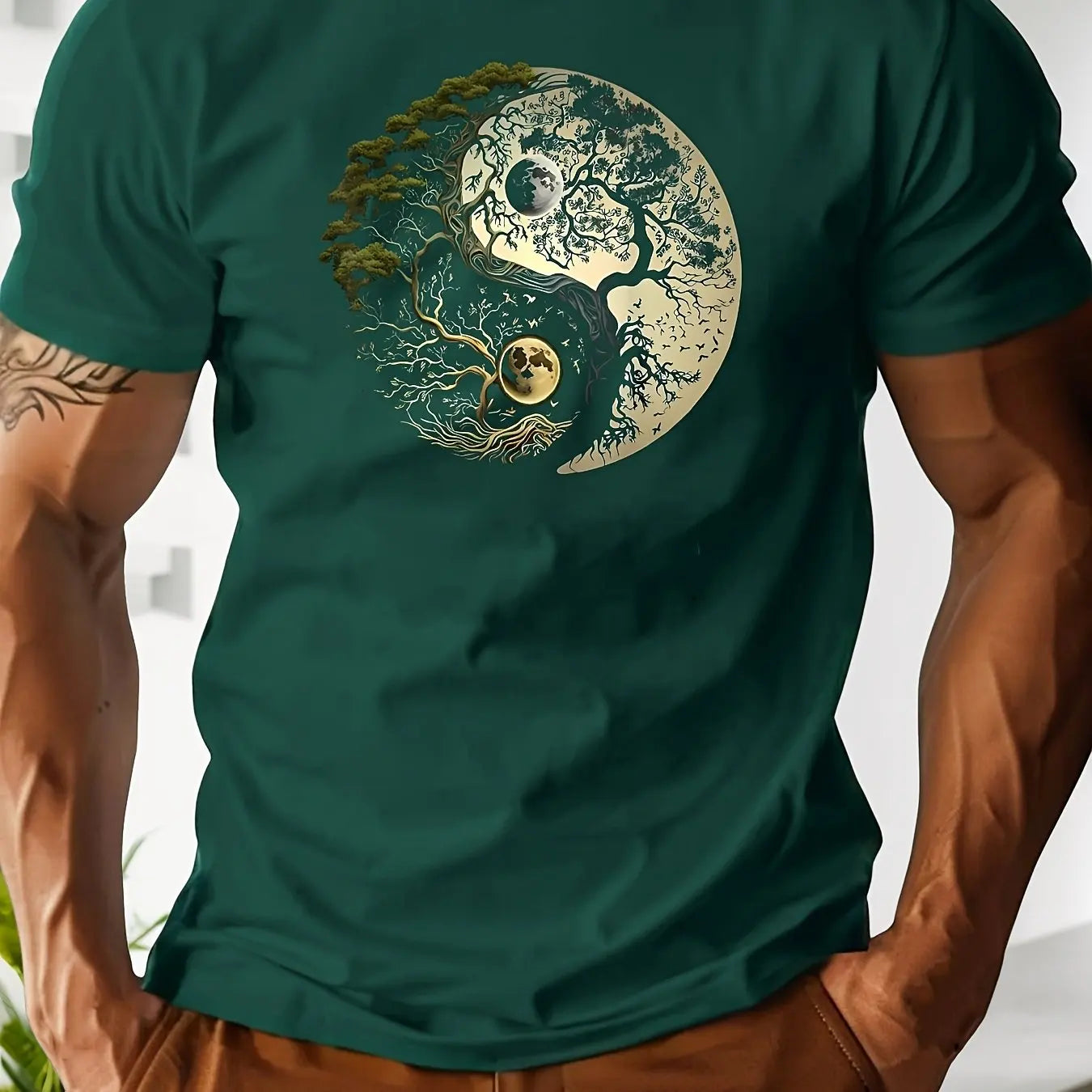 T-Shirt Homme 100% Coton Yin-Yang - Col Rond Ample Sport Décontracté Été