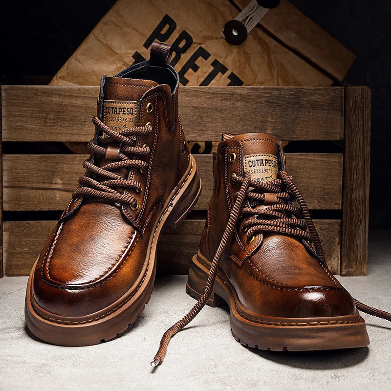 Bottes de moto d'hiver homme rétro marron bottes confortables en cuir bottines hommes haut Biker chaussures hommes botines para hombre