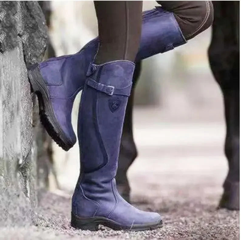 Bottes en daim pour femme, chaussures à la mode occidentale, à talons hauts, carrés, longs et confortables, hiver