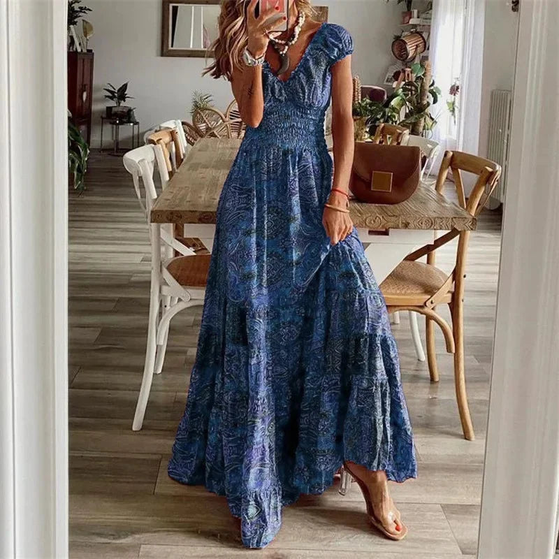 Robe Florale Bohème Col V - Taille Ajustée Mode Européenne Grande Taille