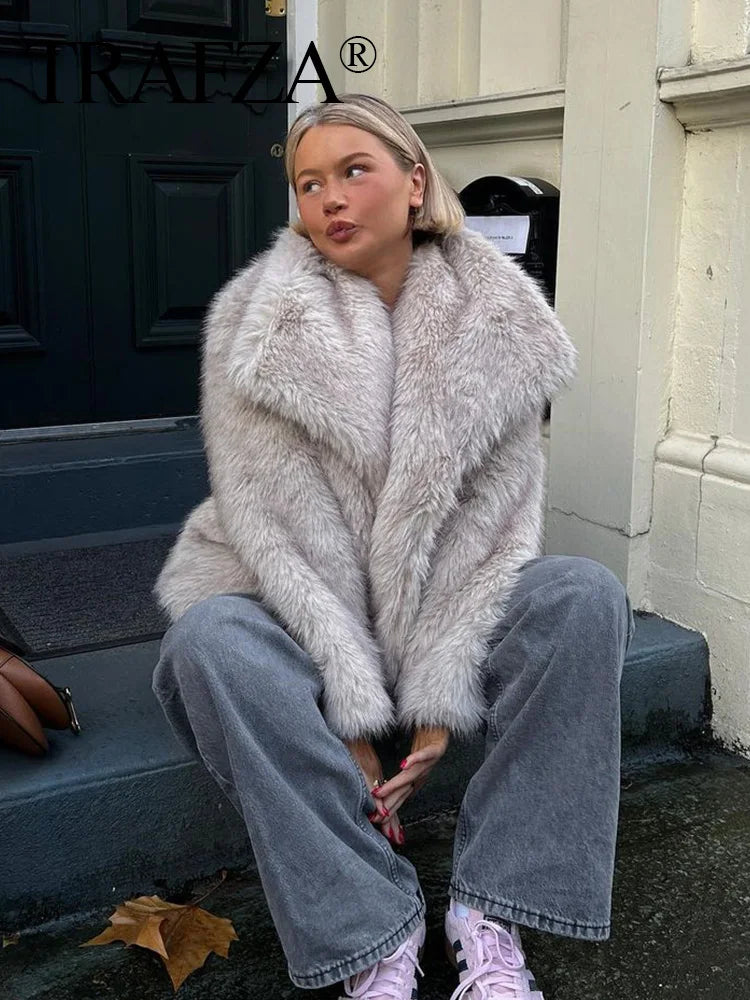 Manteau Fausse Fourrure Femme HH - Veste Épaisse Chaude Poches Surdimensionné Hiver