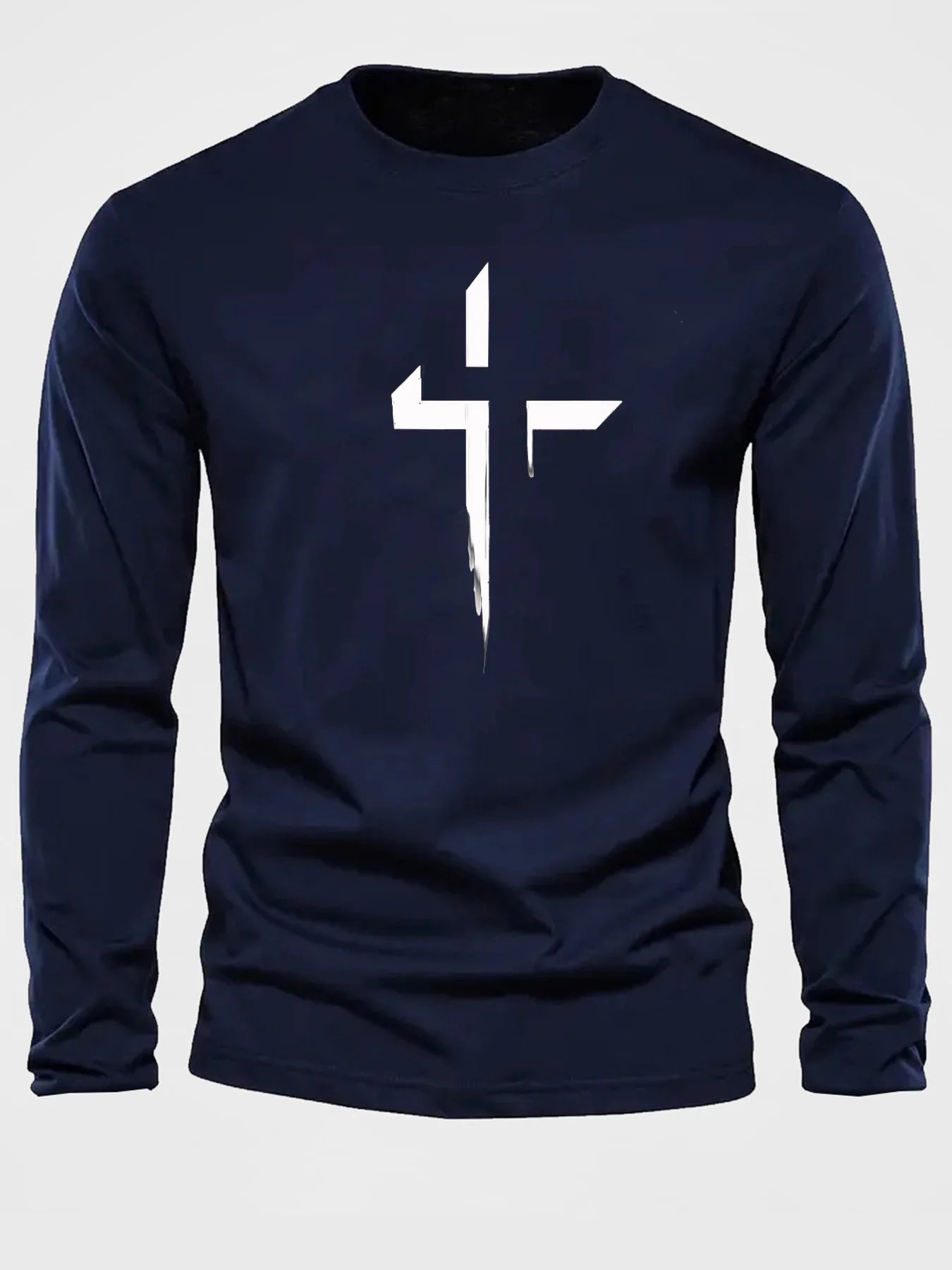 T-Shirt Manches Longues Homme 100% Coton - Col Rond Ample Imprimé Croisé Sport Décontracté