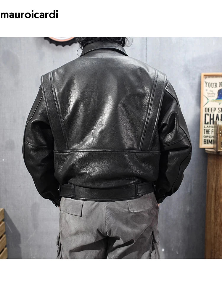 Veste Moto Cuir PU Homme Mauroicardi - Manches Longues Noir Cool Luxe Designer