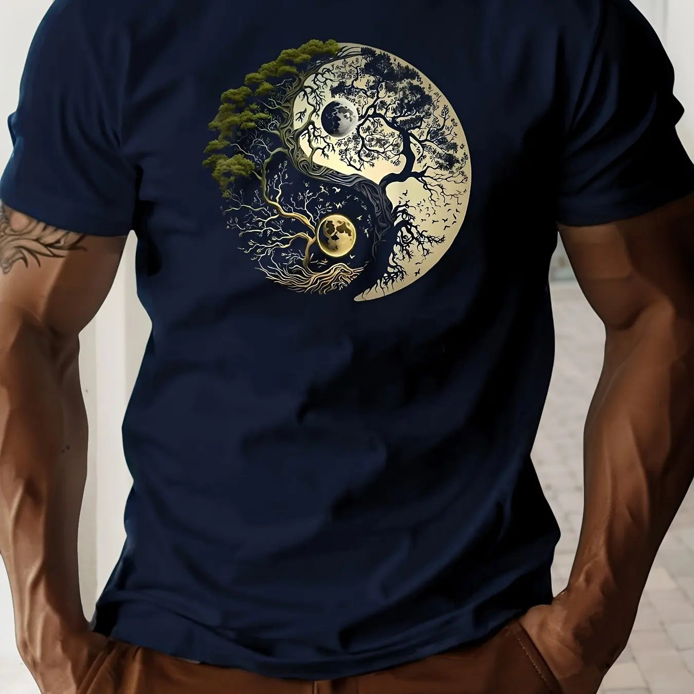 T-Shirt Homme 100% Coton Yin-Yang - Col Rond Ample Sport Décontracté Été