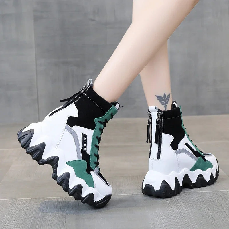 Bottes Compensées Plateforme Luxe Femme - Baskets Talons 8cm Printemps