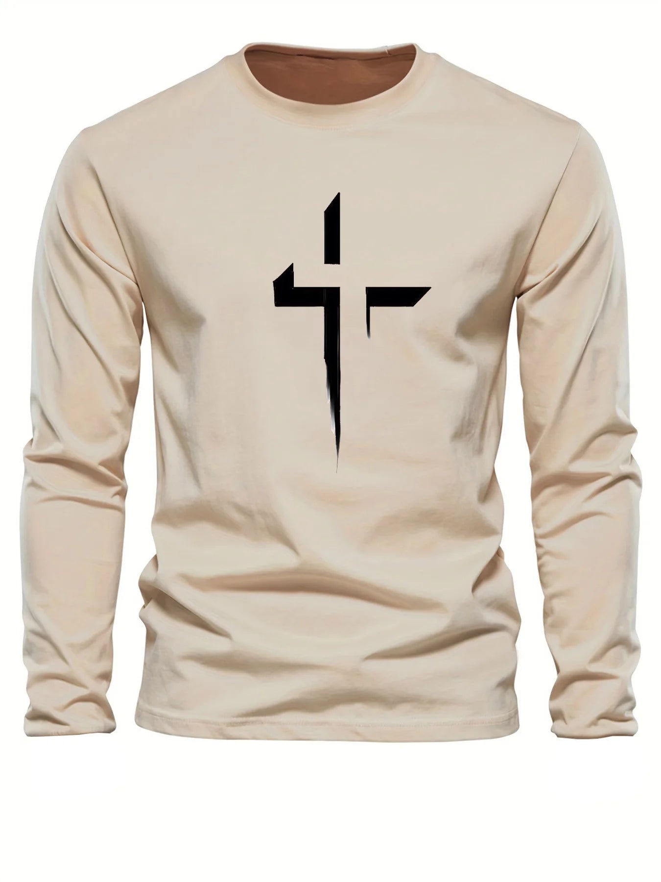 T-Shirt Manches Longues Homme 100% Coton - Col Rond Ample Imprimé Croisé Sport Décontracté