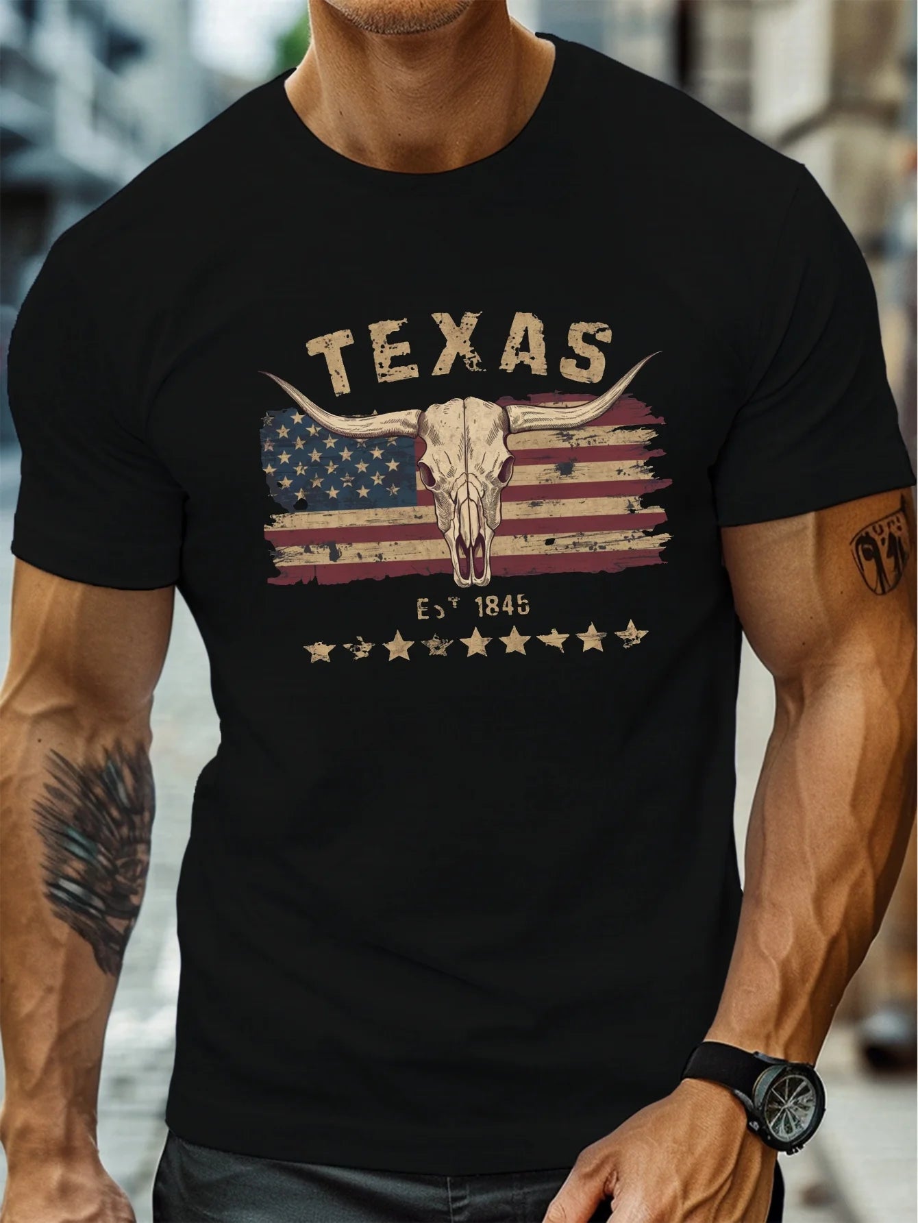 T-Shirt Homme 100% Coton Texas Longhorn - Col Rond Ample Crâne Vache Été