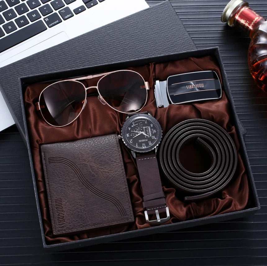 Ensemble Cadeau 6-en-1 Homme Luxe - Montre Lunettes Stylo Ceinture Porte-Clés