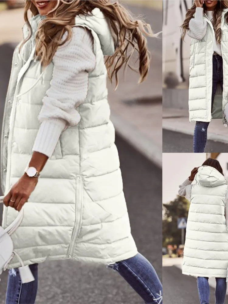 Gilet Femme à Capuche Coton Rembourré - Cardigan Mi-Long Hiver Ajusté