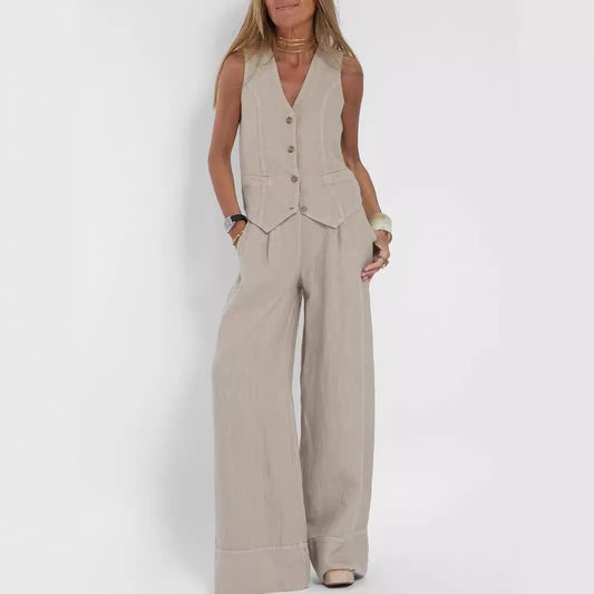 Ensemble Femme Gilet Pantalon Sans Manches - Costume Décontracté Printemps Été