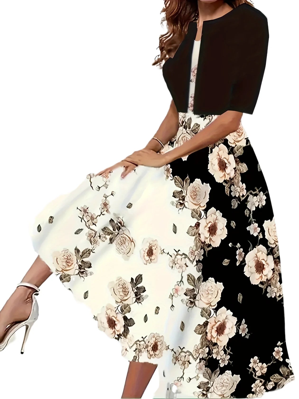 Robe 2 Pièces Femme - Robe Longue Imprimé Floral Herbe avec Manteau Court