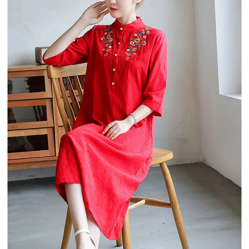 Robe Trapèze Lin Coton Brodée Vintage - Été Décontractée Ethnique Demi-Manches