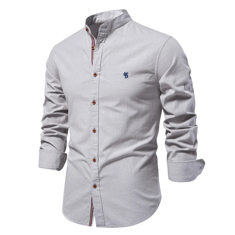 Chemise Homme 100% Coton AIOPESON - Couleur Unie Manches Longues Col Stand Décontracté Qualité