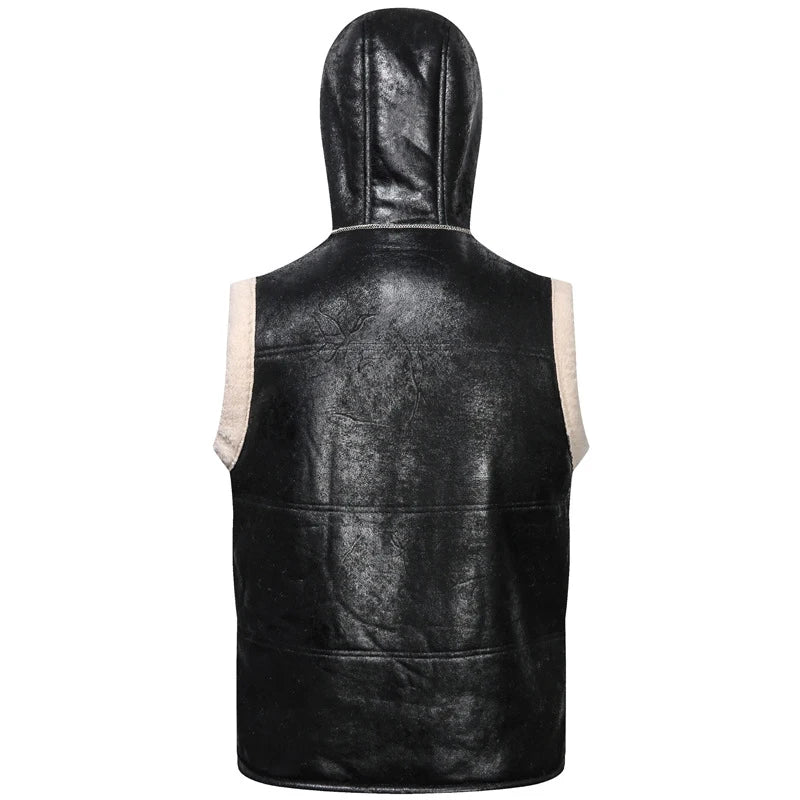 Gilet Homme Cuir PU Fausse Fourrure - Motard Vintage Capuche Hiver