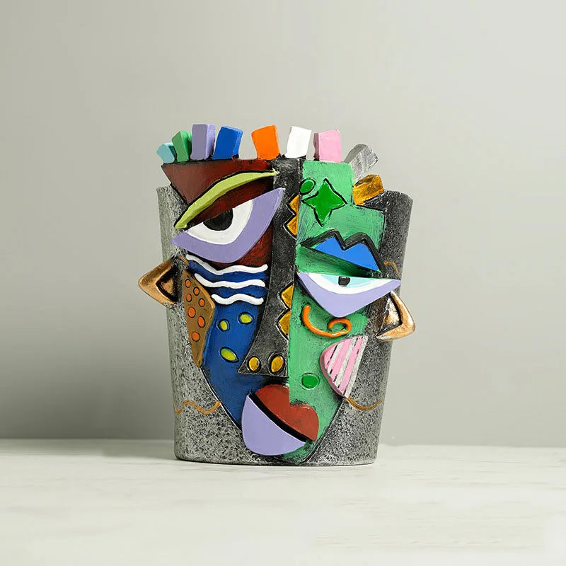 Vase Décoratif Visage Abstrait Coloré - Pot Fleur Art Créatif Maison Bureau