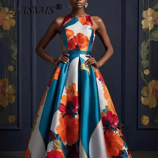 Robe longue élégante, col rond, taille haute, pour femmes, imprimé Floral, ourlet, robe de soirée, été, sans manches, style Boho, Maxi, printemps