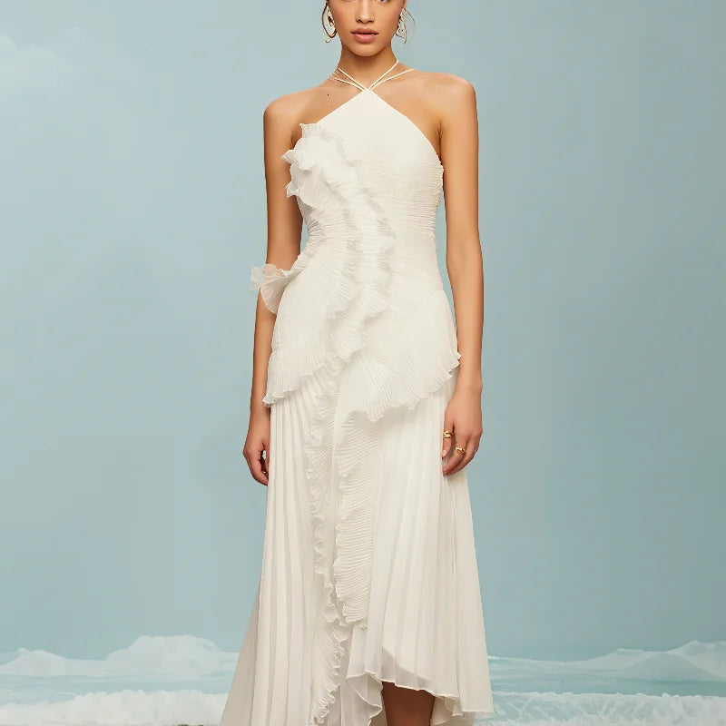 Robe Bal Violet Licou Volants - Dos Nu Mousseline Longue Soirée Été