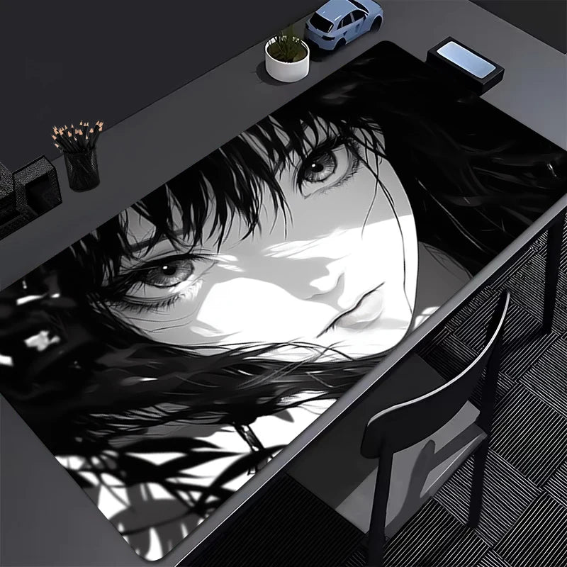 Tapis de Souris Gaming XXL Anime Dark Girl - Bureau Gamer 800x300mm Noir Blanc