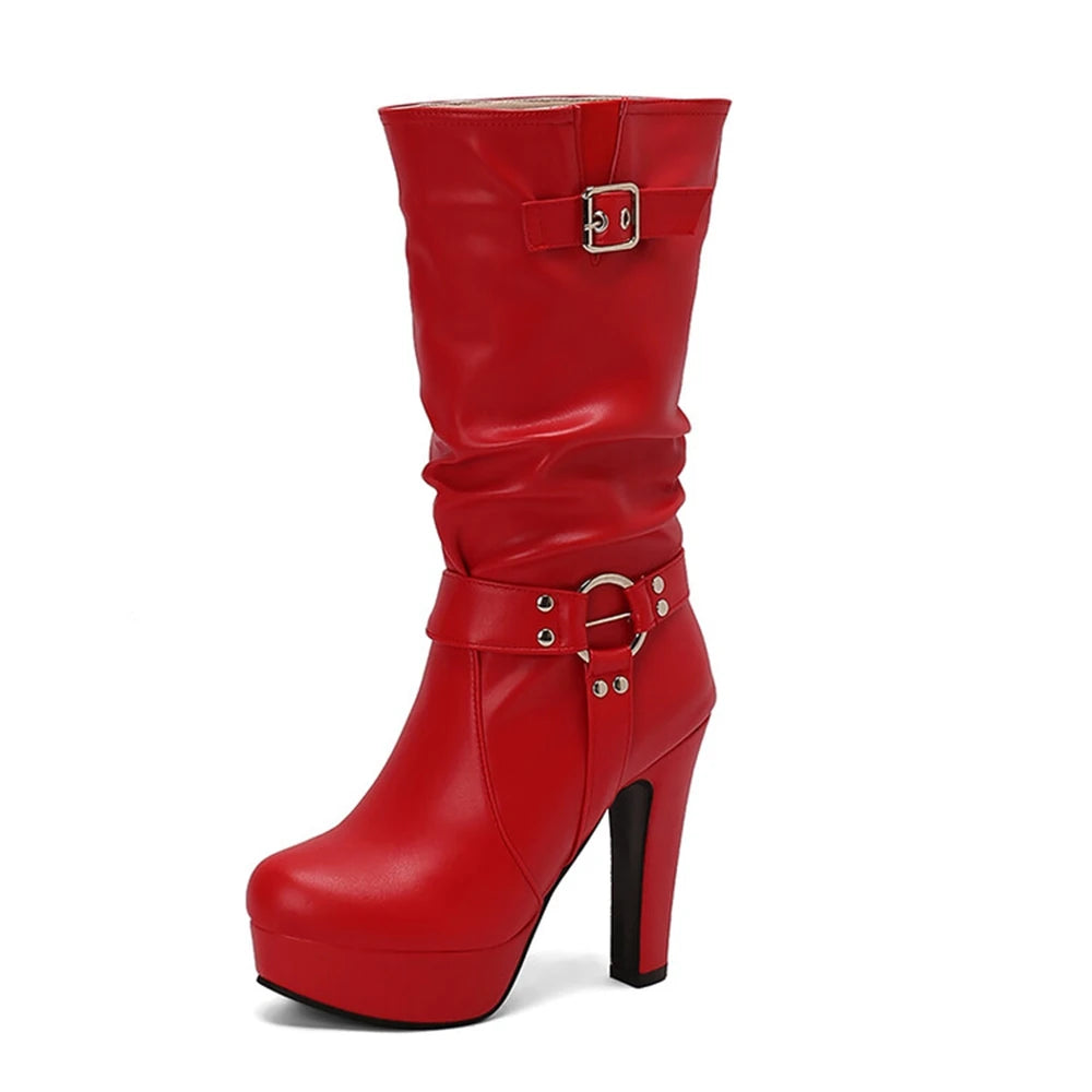 Botines Mujer mode bout rond à talons hauts mi-mollet bottes plissées imperméable plate-forme robe talon épais ensemble femmes bottes 338-45