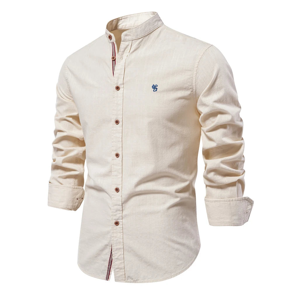 Chemise Homme 100% Coton AIOPESON - Couleur Unie Manches Longues Col Stand Décontracté Qualité