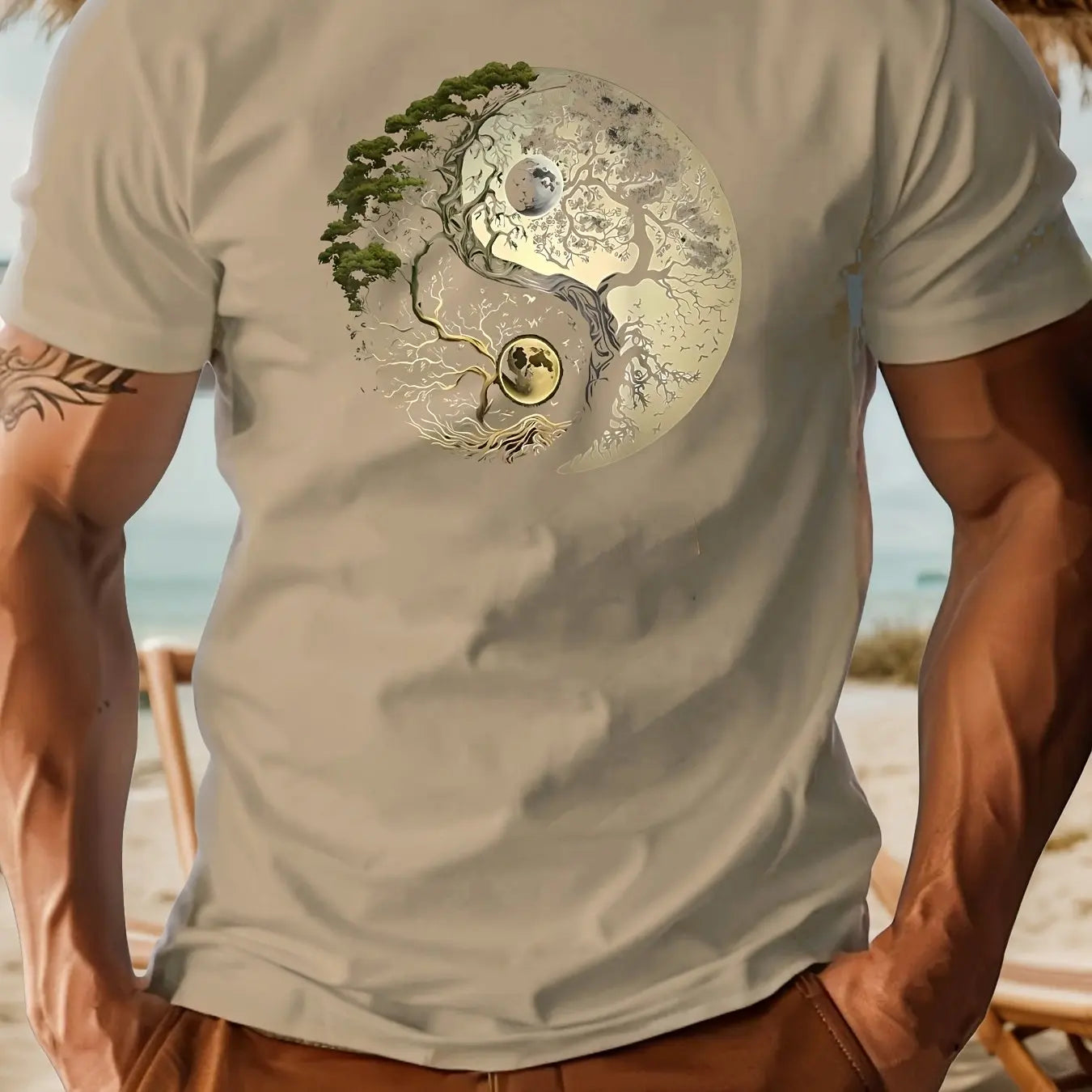 T-Shirt Homme 100% Coton Yin-Yang - Col Rond Ample Sport Décontracté Été