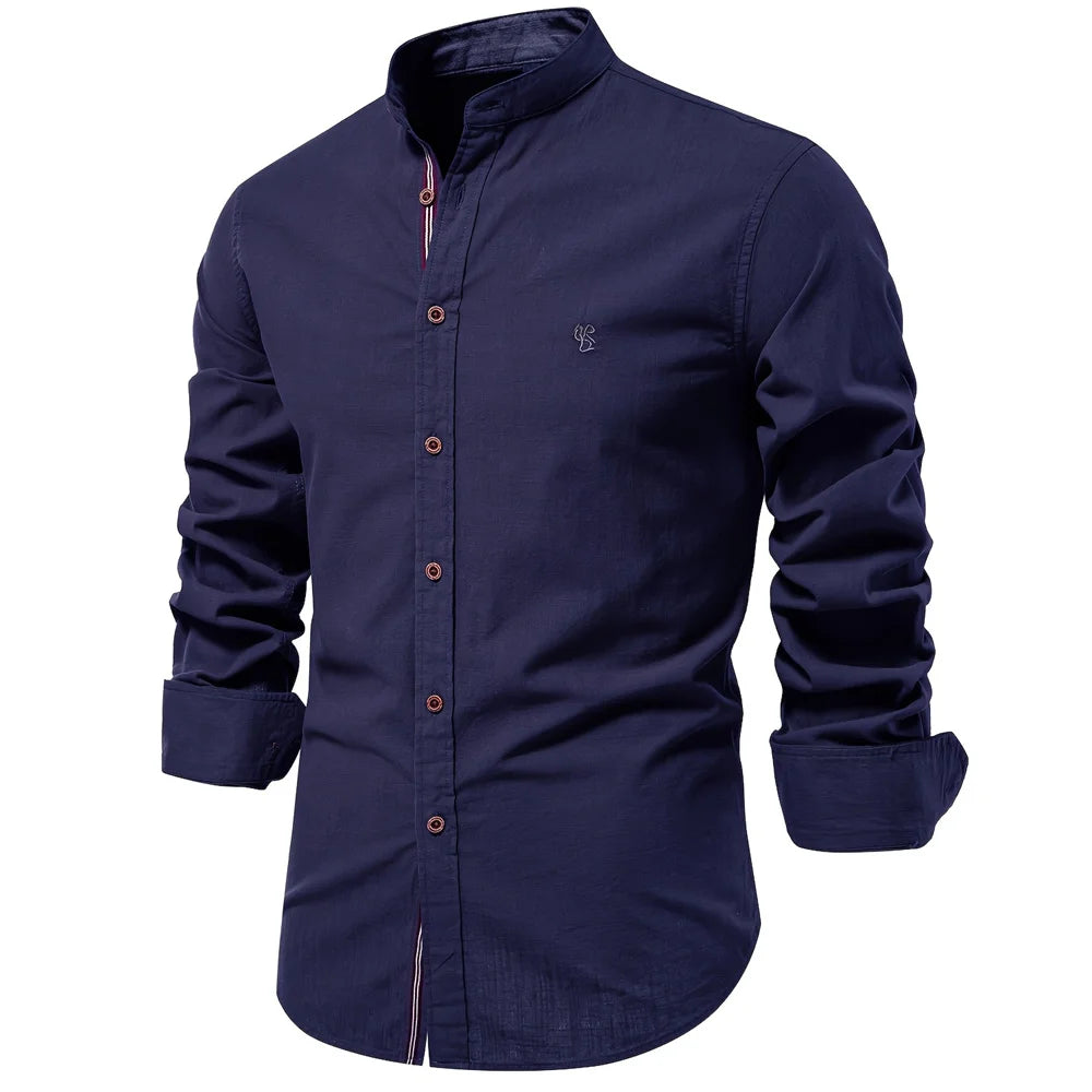 Chemise Homme 100% Coton AIOPESON - Couleur Unie Manches Longues Col Stand Décontracté Qualité