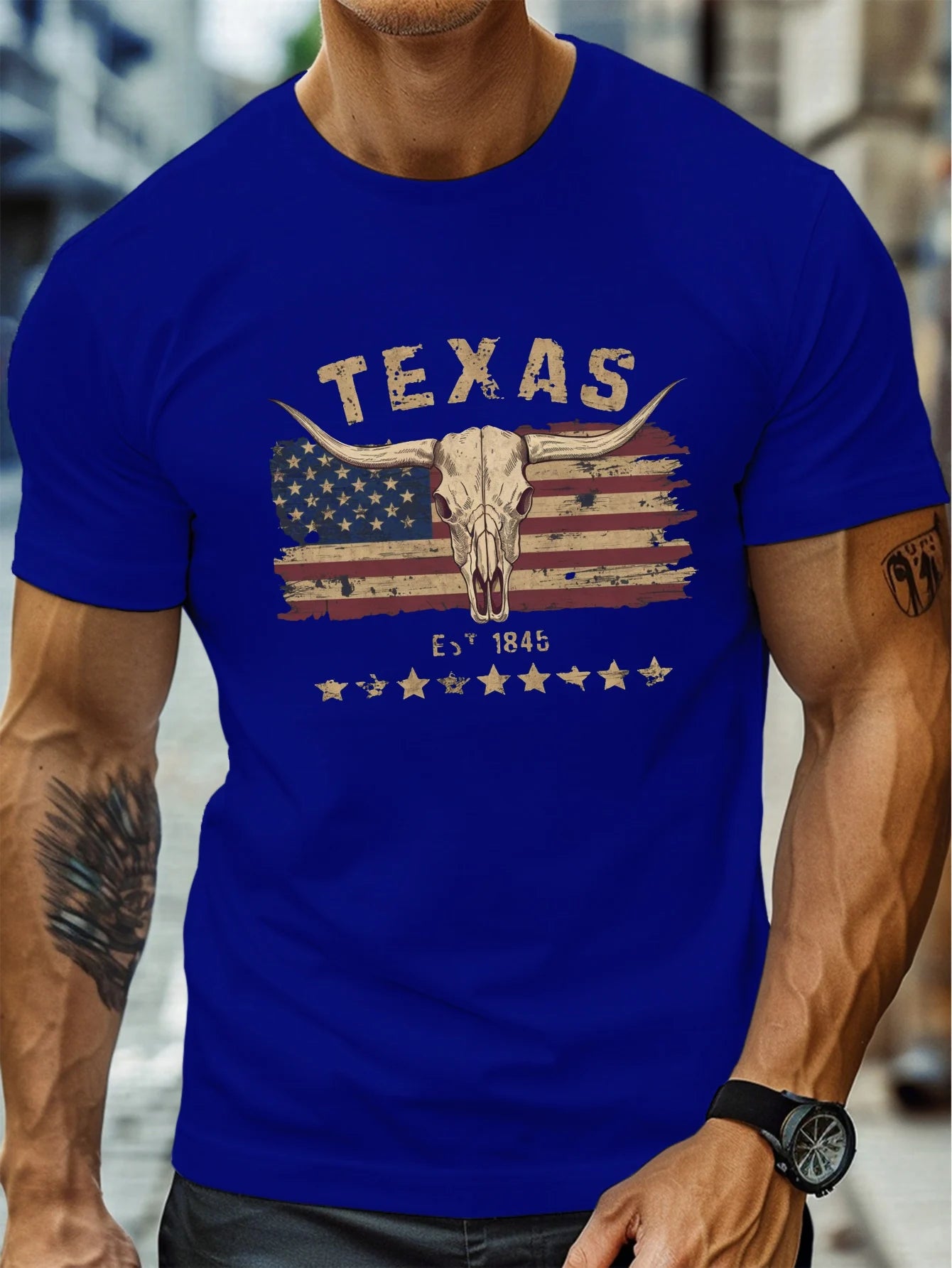 T-Shirt Homme 100% Coton Texas Longhorn - Col Rond Ample Crâne Vache Été
