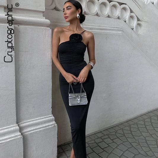 Robe Maxi Froncée Appliques Florales - Élégante Sans Manches Soirée Club