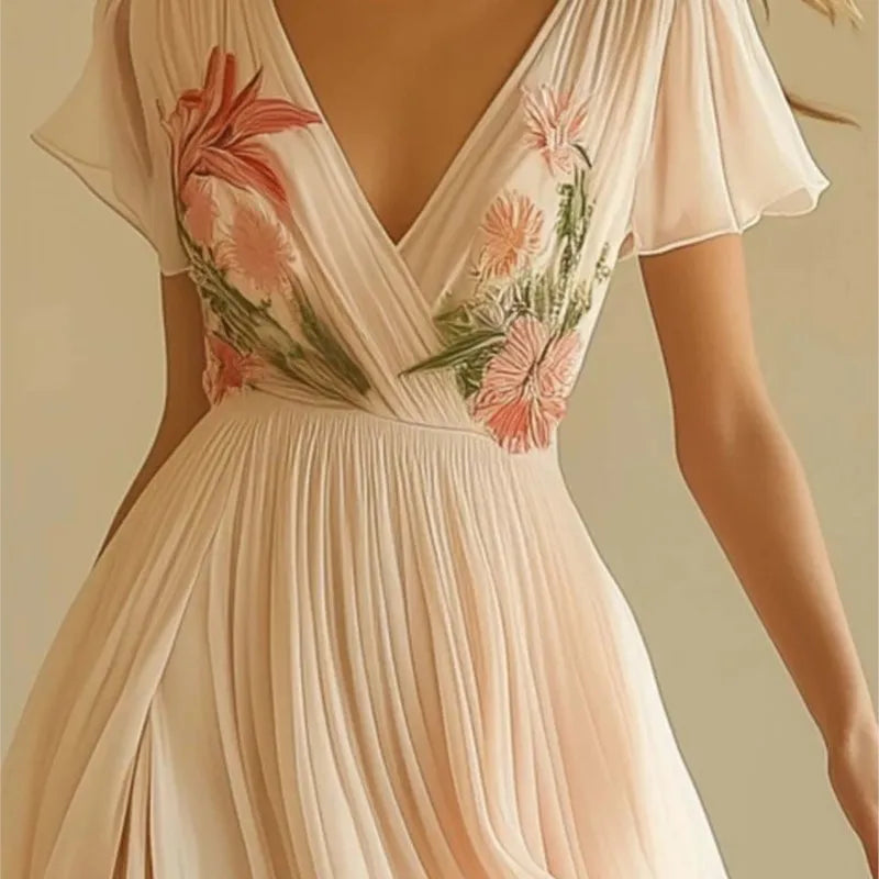 Robe Été Femme Floral Boho - Col V Taille Haute Manches Courtes Vacances