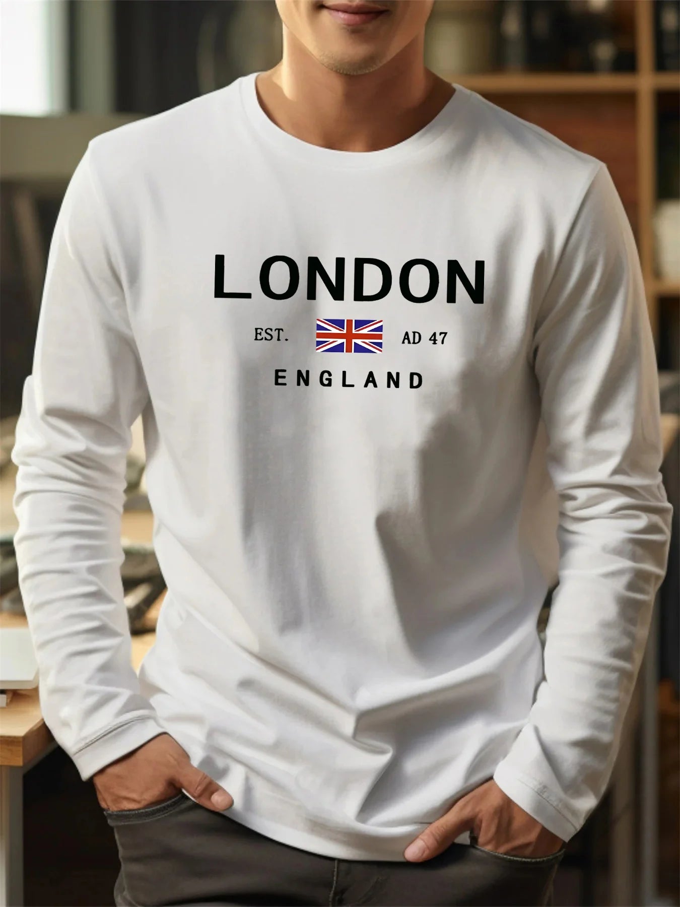 T-Shirt Manches Longues Homme 100% Coton - Col Rond Ample Imprimé Londres Sport Décontracté