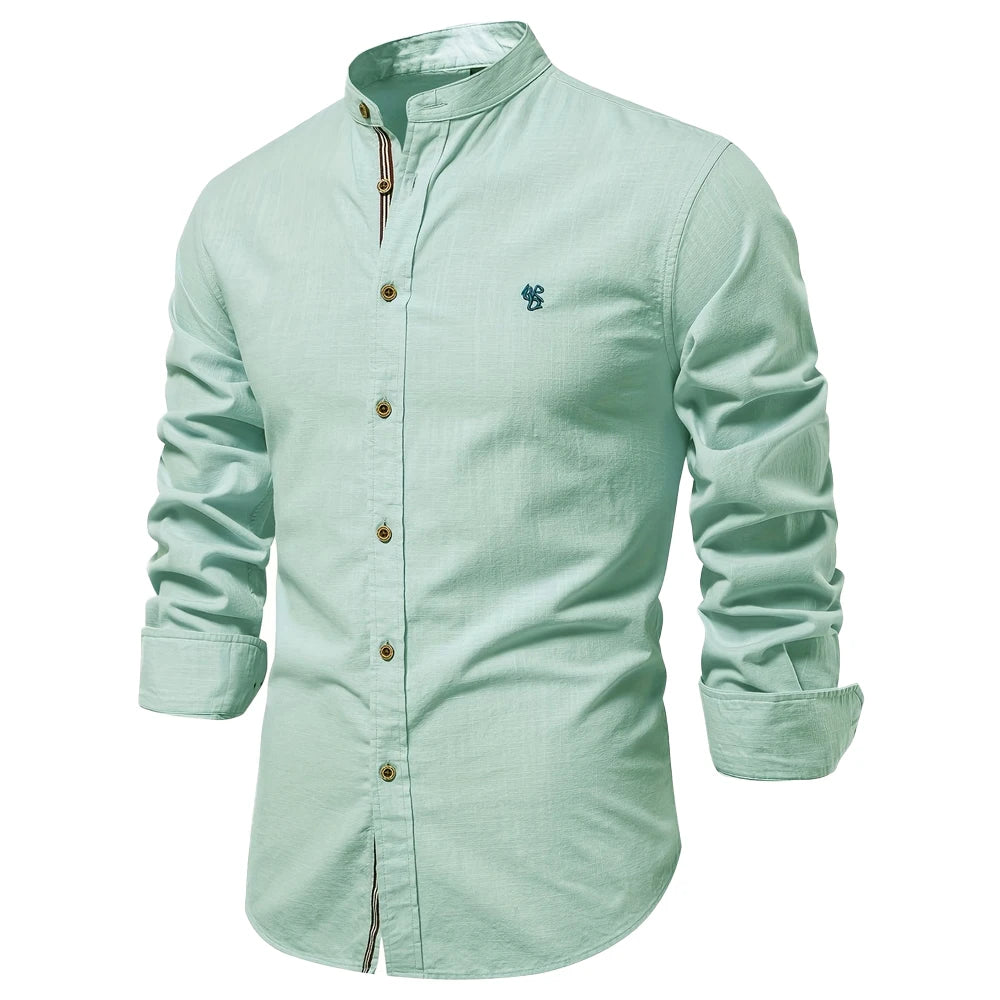 Chemise Homme 100% Coton AIOPESON - Couleur Unie Manches Longues Col Stand Décontracté Qualité