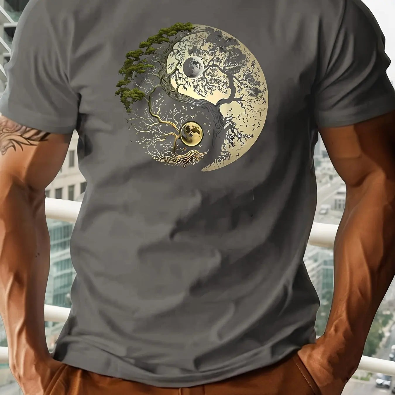 T-Shirt Homme 100% Coton Yin-Yang - Col Rond Ample Sport Décontracté Été