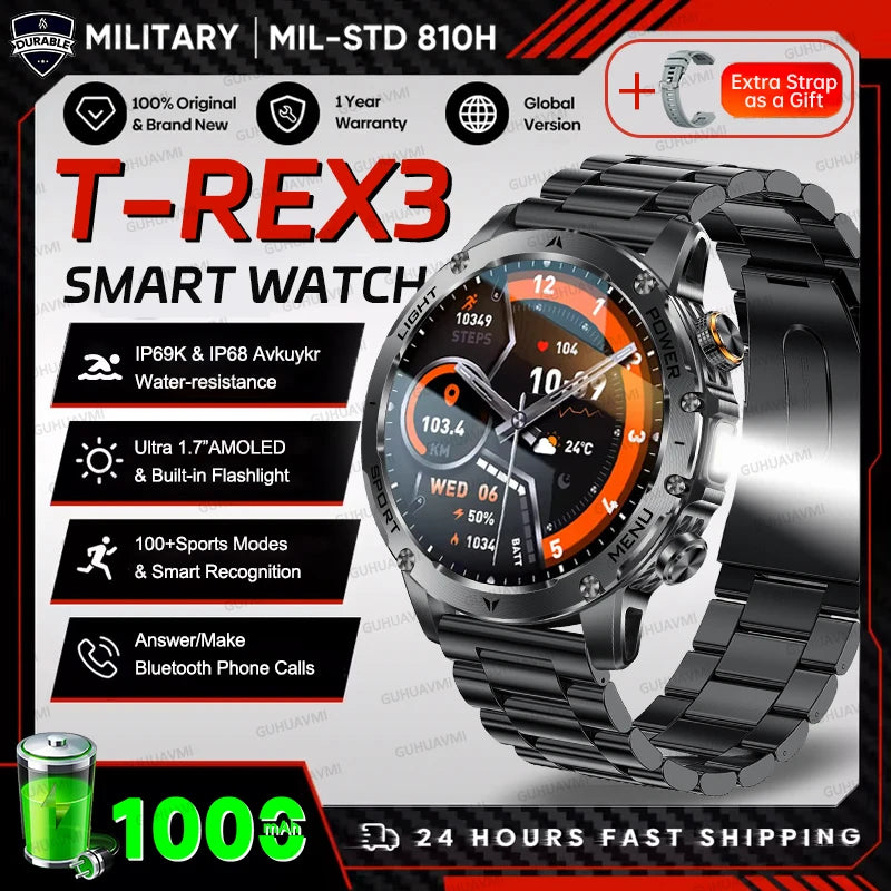 2025 extérieur nouveau 1000mAh batterie t-rex 3 qualité militaire montre intelligente hommes IP69K étanche GPS HD Bluetooth appel 100 + montre de sport