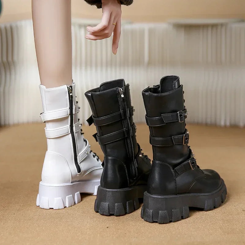 Bottines Plateforme Gothiques Femme - Talons Épais Cloutées Punk Hiver
