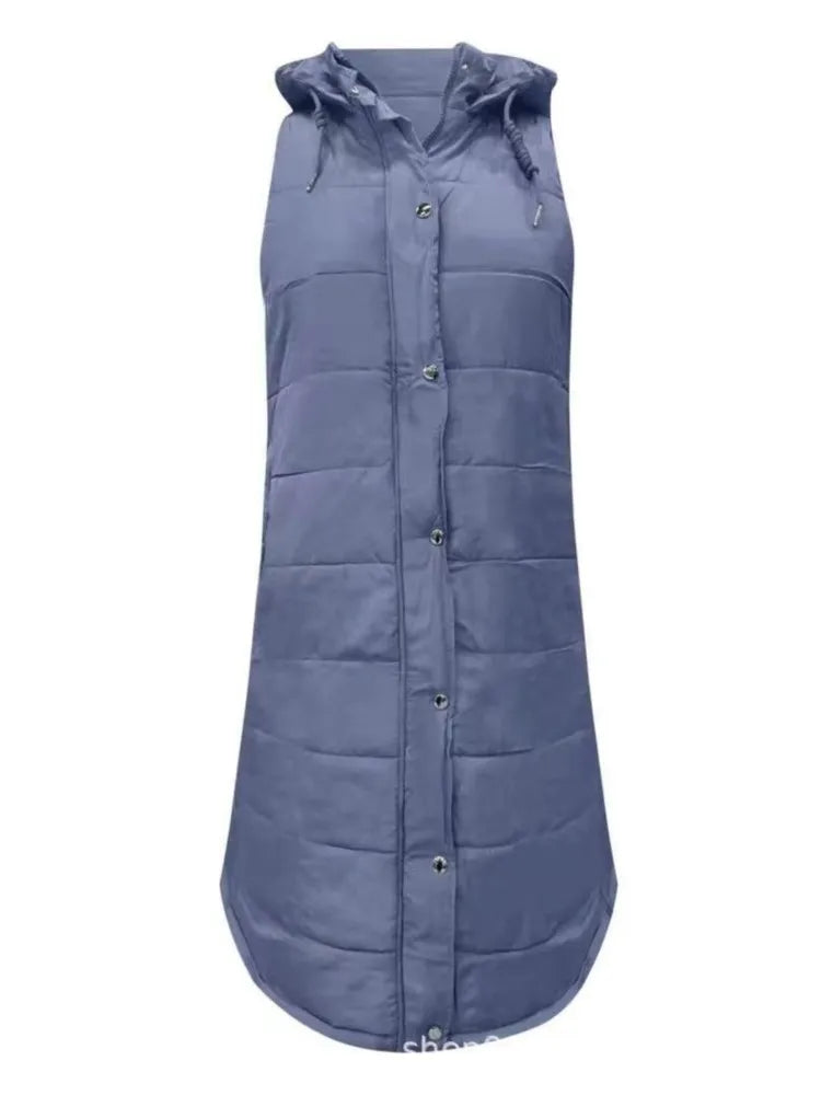 Gilet Femme à Capuche Coton Rembourré - Cardigan Mi-Long Hiver Ajusté