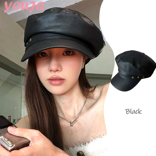 Béret Gavroche Noir PU Rétro Femme - Casquette Octogonale Automne Hiver