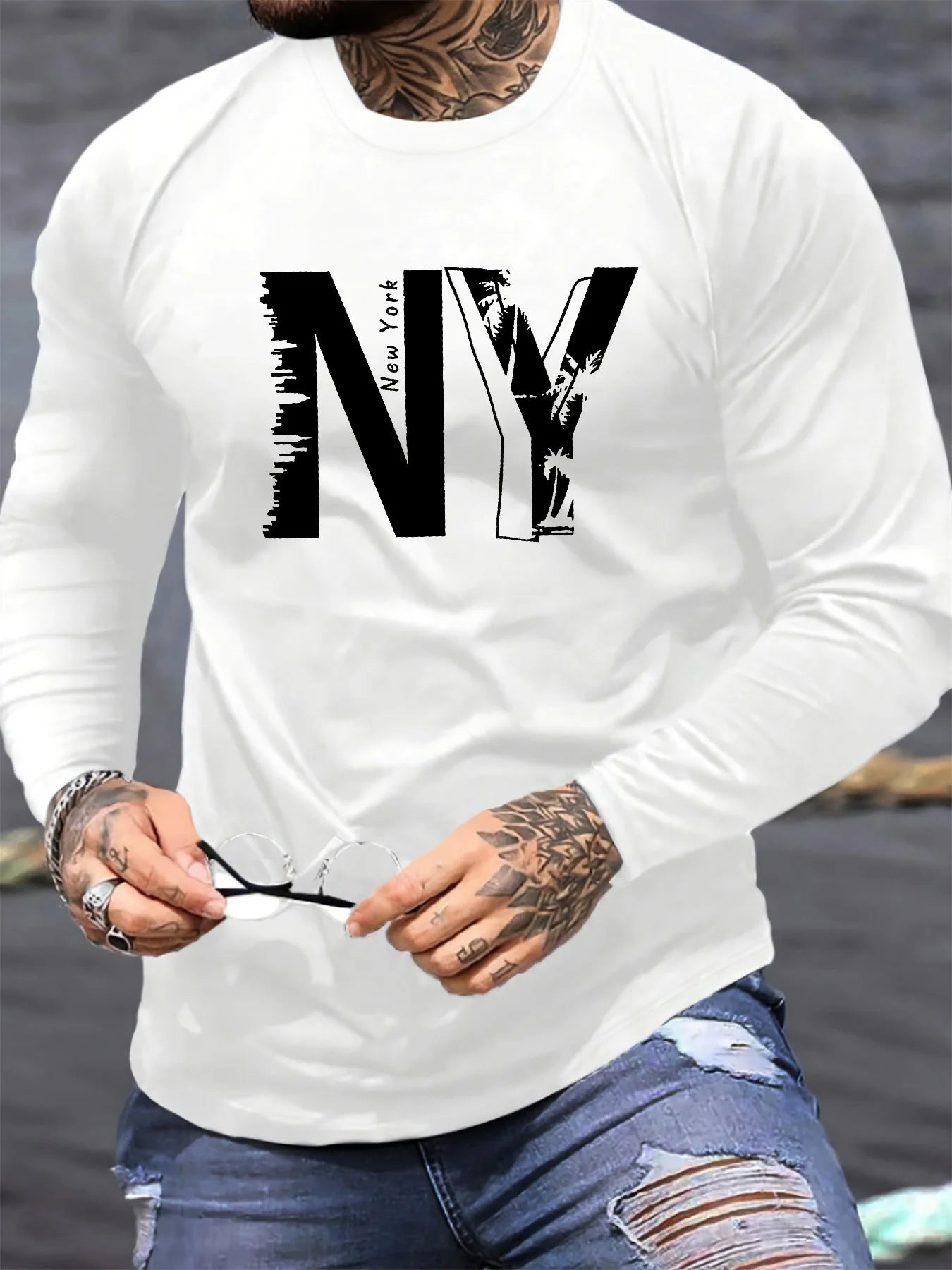T-Shirt Homme New York NY Manches Longues - 100% Coton Col Rond Ample Grande Taille