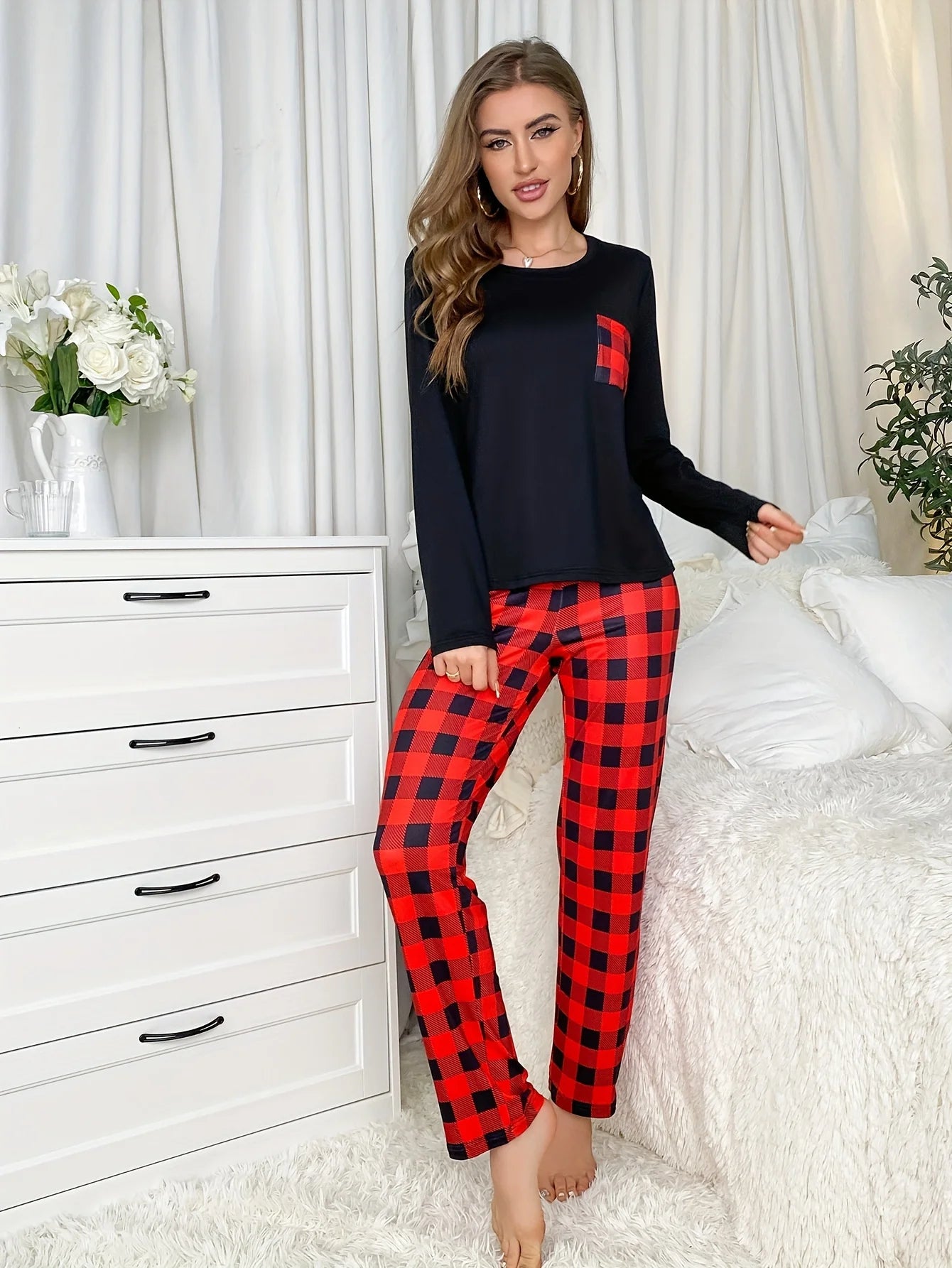 Pyjama Femme 2 Pièces Noir Rouge - Haut Manches Longues Pantalon Rayé Décontracté