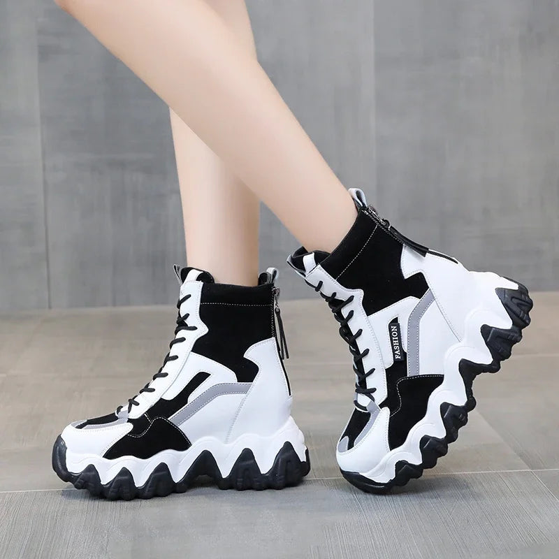 Bottes Compensées Plateforme Luxe Femme - Baskets Talons 8cm Printemps