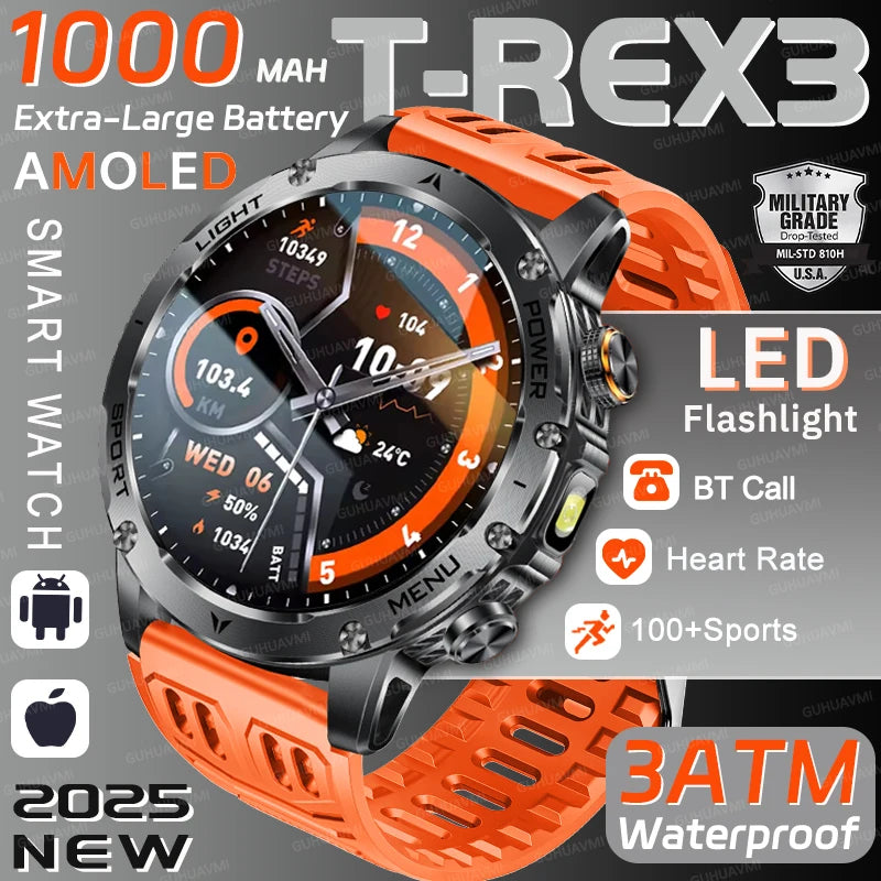 2025 extérieur nouveau 1000mAh batterie t-rex 3 qualité militaire montre intelligente hommes IP69K étanche GPS HD Bluetooth appel 100 + montre de sport