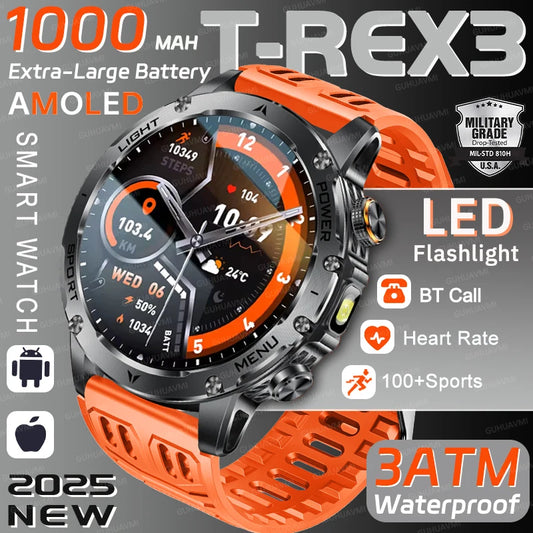 2025 extérieur nouveau 1000mAh batterie t-rex 3 qualité militaire montre intelligente hommes IP69K étanche GPS HD Bluetooth appel 100 + montre de sport