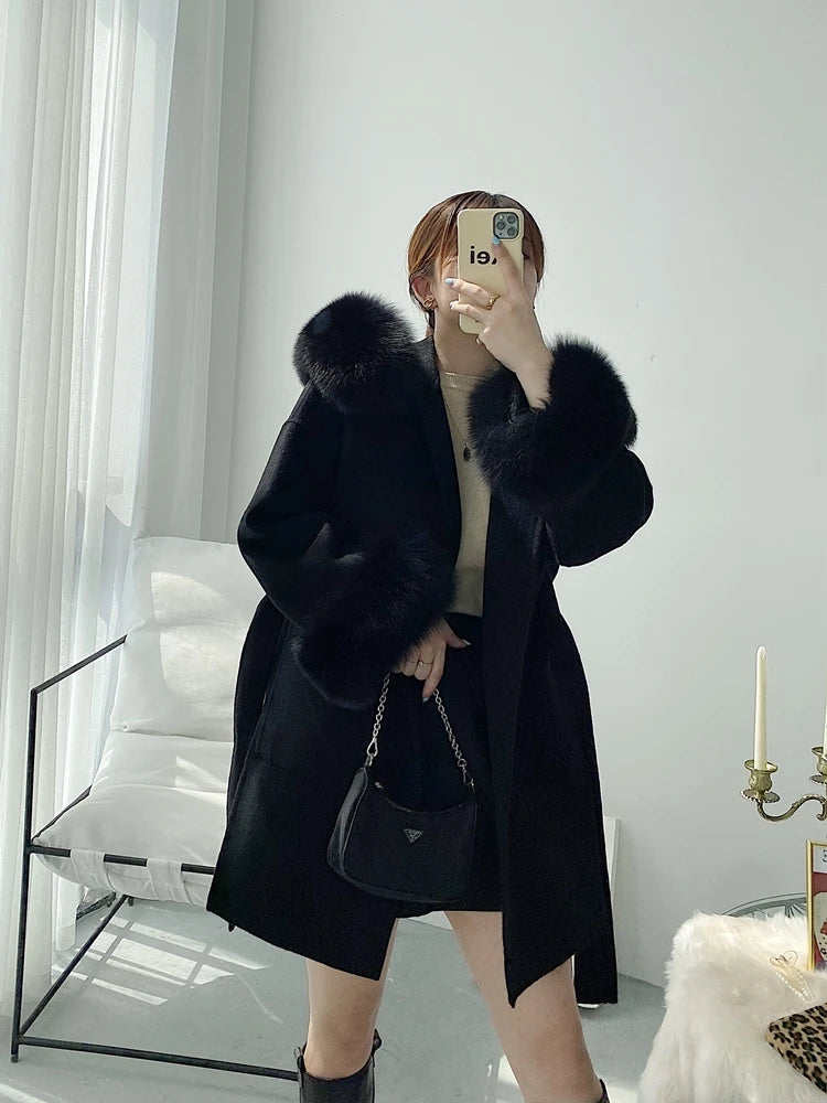 Manteau Hiver Surdimensionné Vraie Fourrure Femme - Col Renard Naturel Laine Cachemire