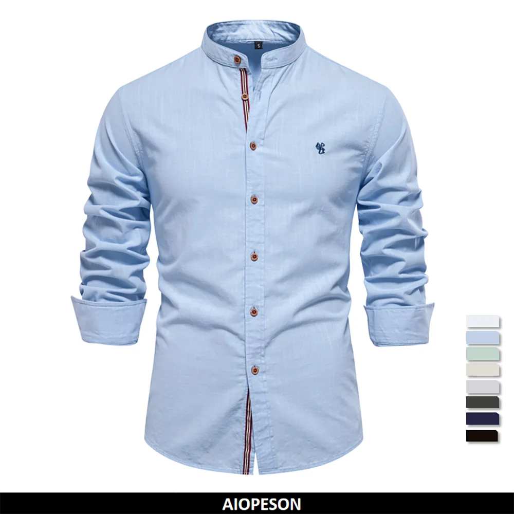 Chemise Homme 100% Coton AIOPESON - Couleur Unie Manches Longues Col Stand Décontracté Qualité