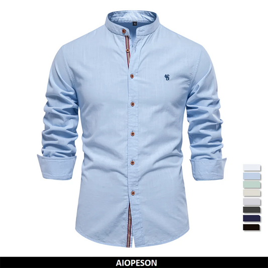 Chemise Homme 100% Coton AIOPESON - Couleur Unie Manches Longues Col Stand Décontracté Qualité