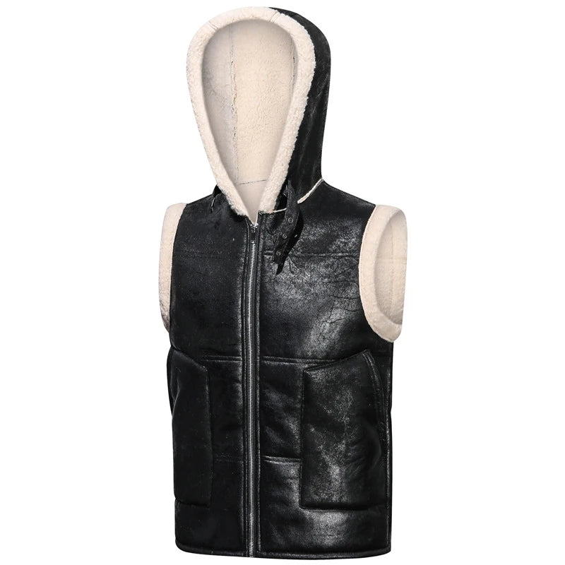 Gilet Homme Cuir PU Fausse Fourrure - Motard Vintage Capuche Hiver